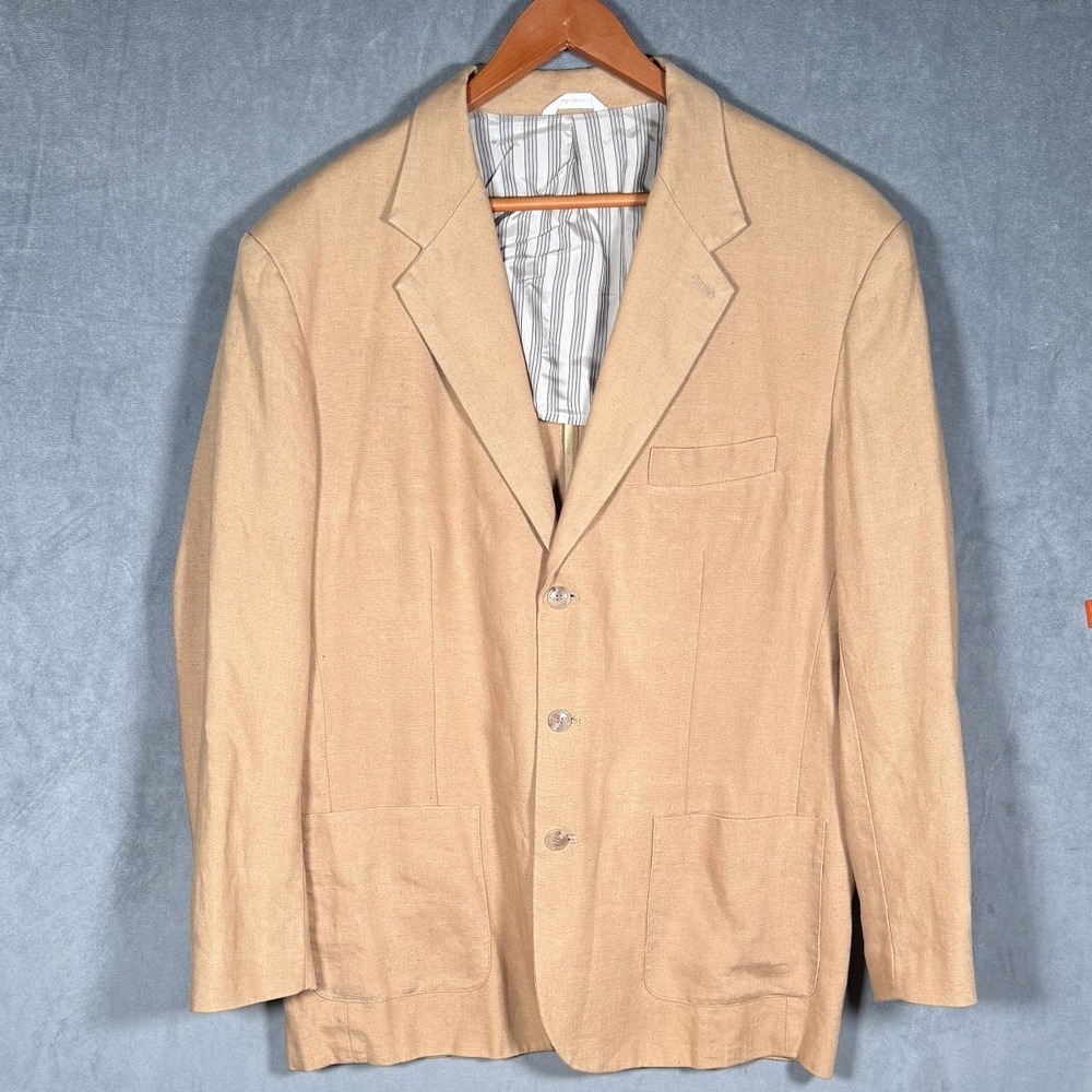 Vintage 90s Gap Mens 100% Linen Blazer Tan Size L 3 Button Made Hong Kong